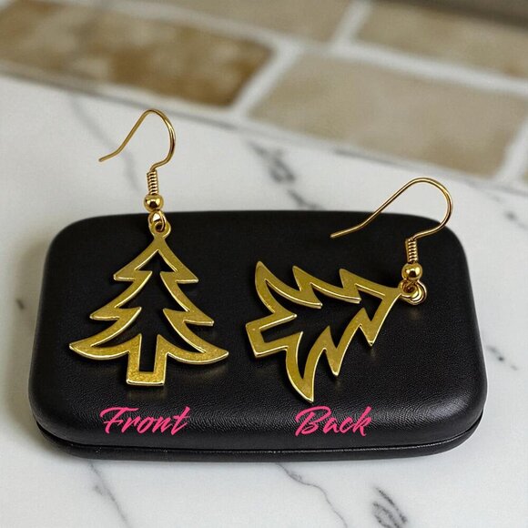 Christmas Tree Cut-out Earrings 24KT Gold Plated Pine Trees Gold Plated Hooks - Picture 2 of 10